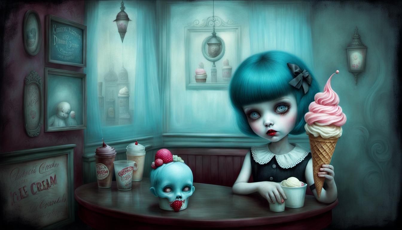 Surreal Body Horror Girl at 50s Ice Cream Parlor