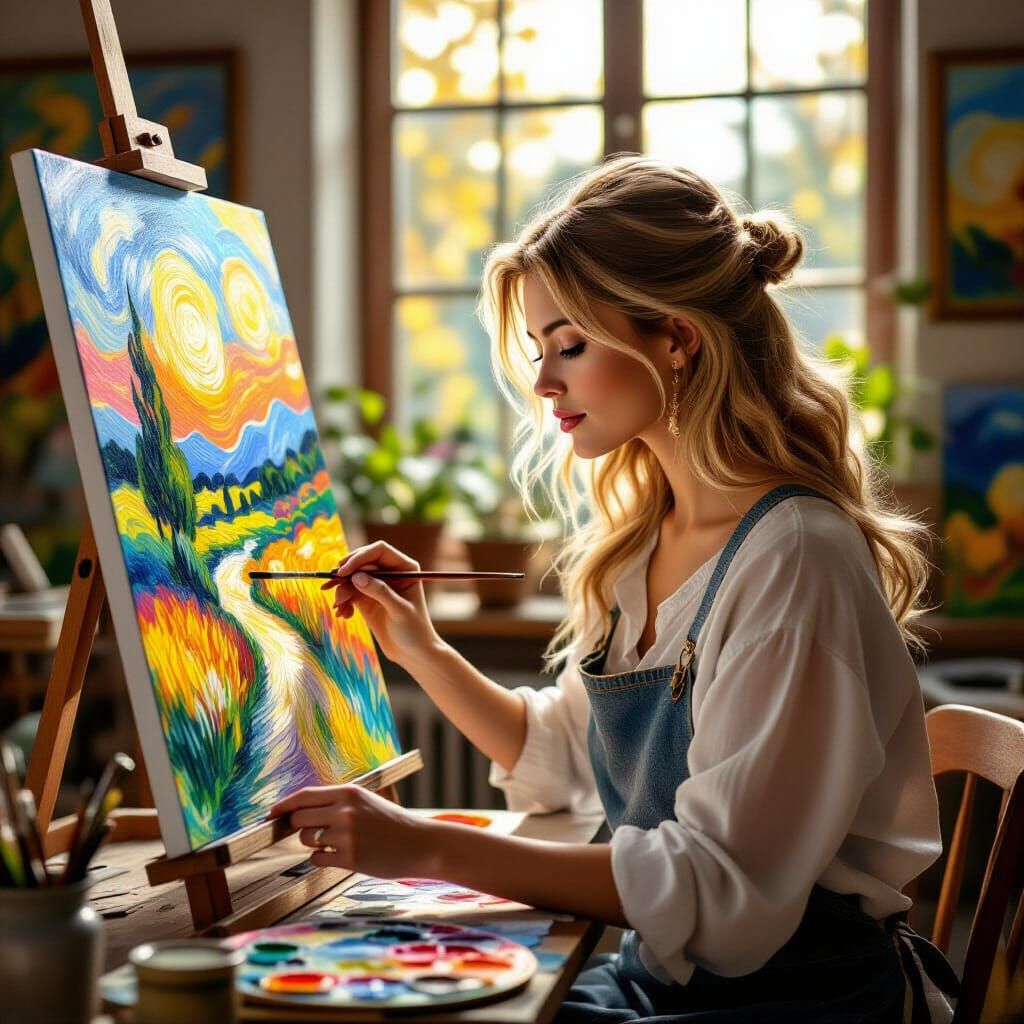 Blonde Woman Painting Landscape in Post-Impressionist Style