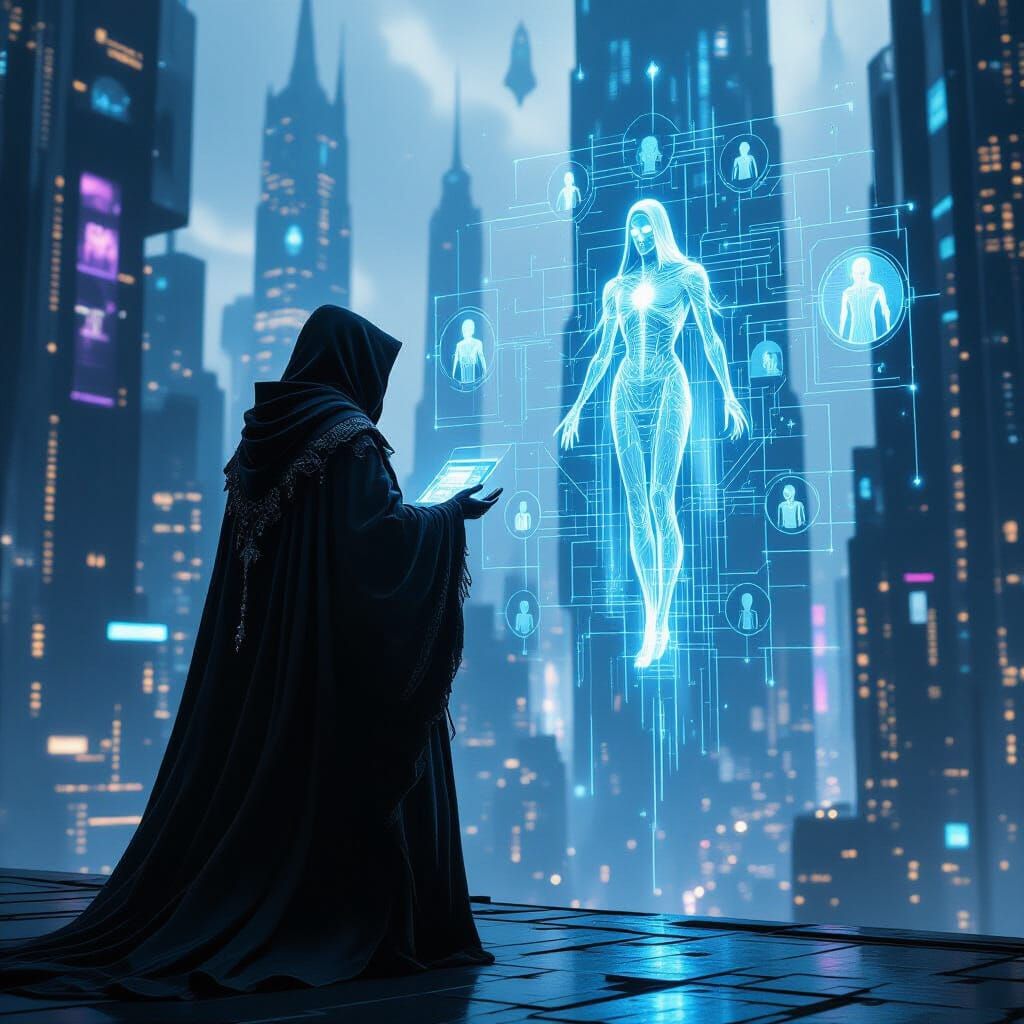 Necromancer Uploads Souls in Cyberpunk Cityscape