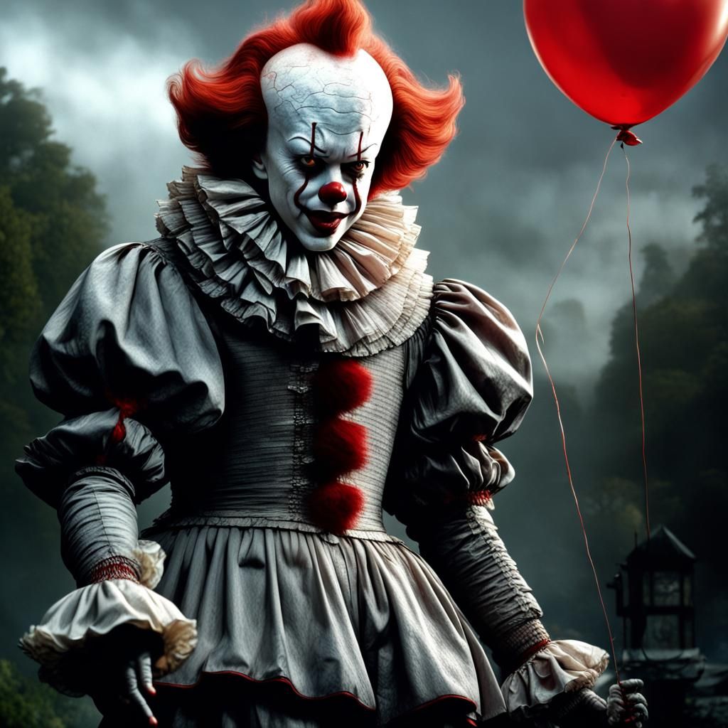Pennywise Portrait with Red Balloon, Hyper-Detailed Unreal E...