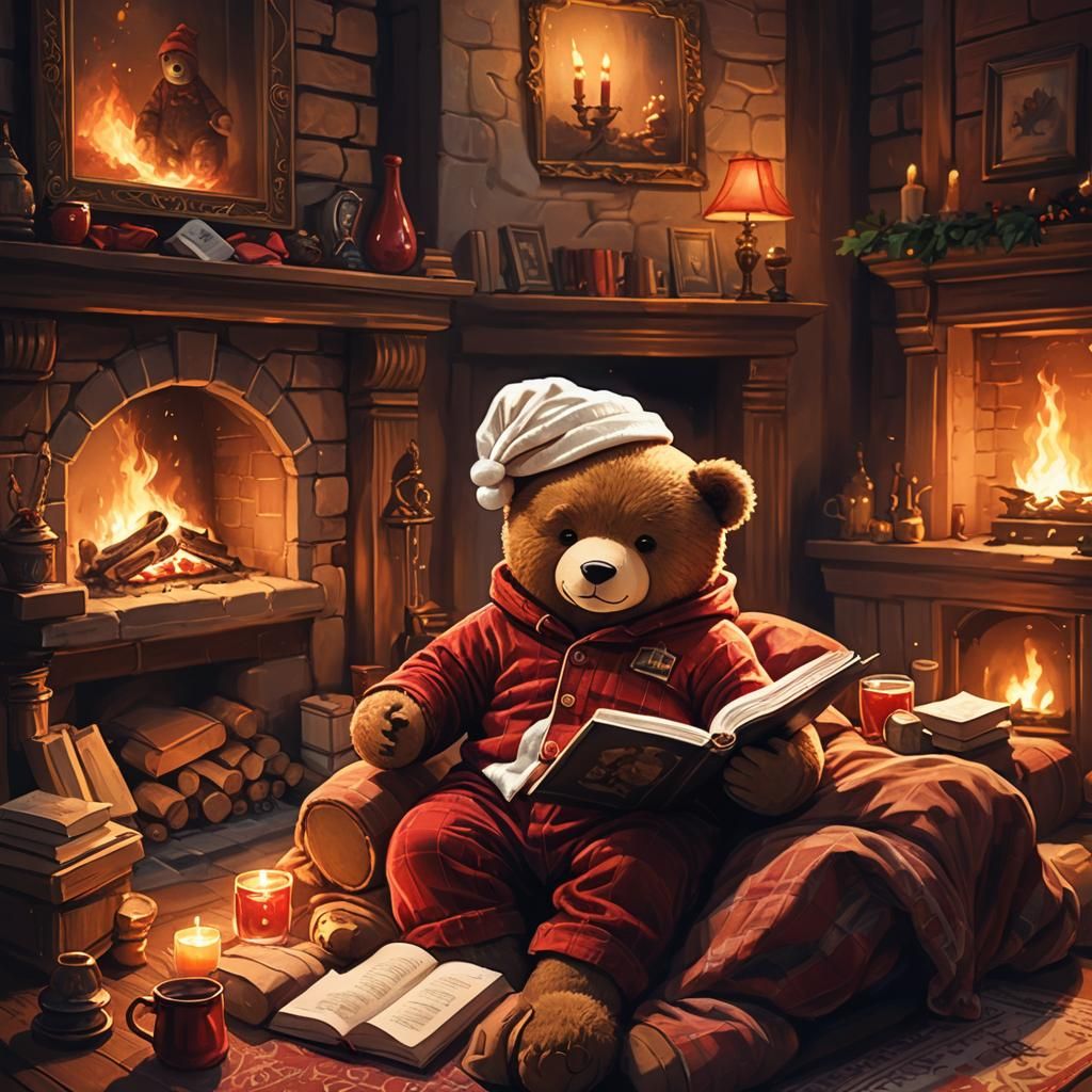 Cozy Fantasy Teddy Bear Reading by Firelight