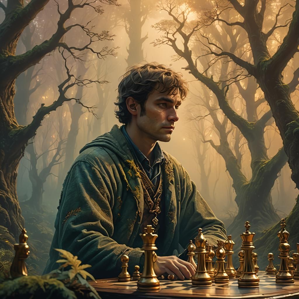 Chess Player in Mystical Forest, Ethereal Art