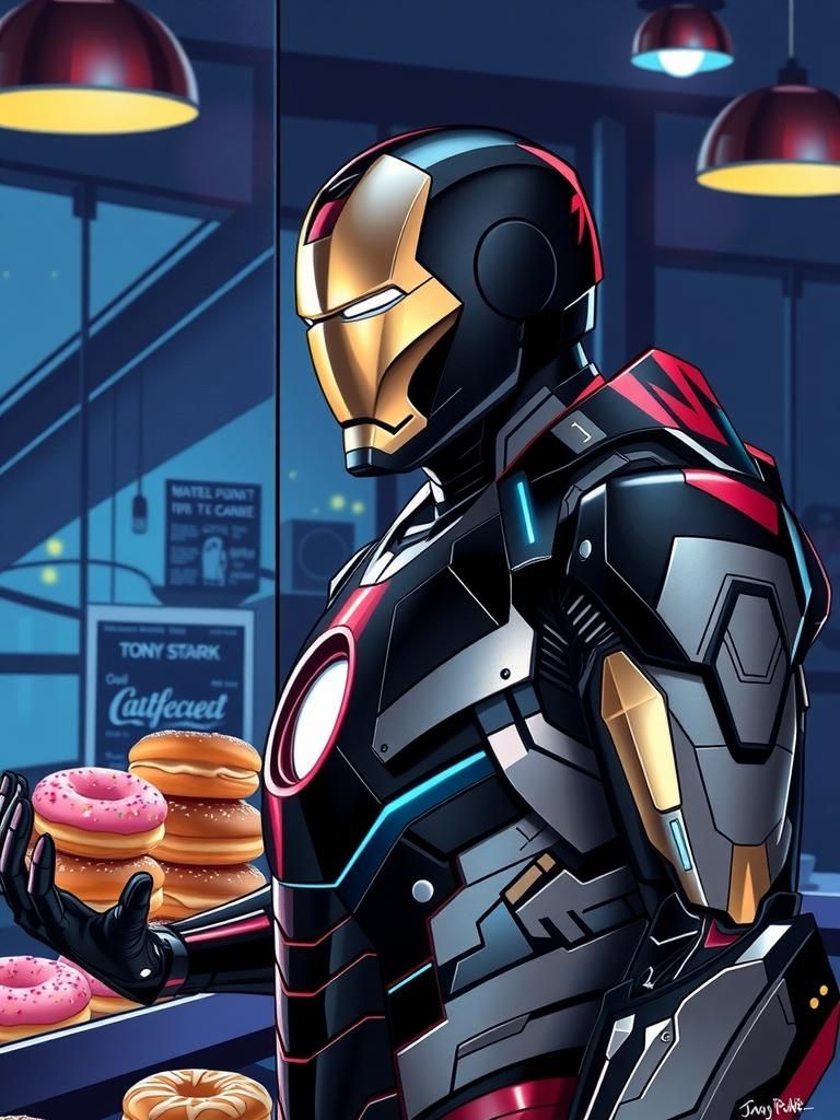 Iron Man's Midnight Donut Run: Hyperrealistic Digital Art