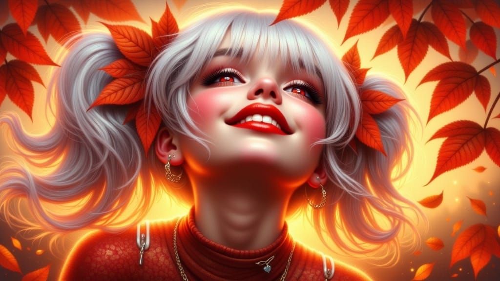 Laughing Woman in Autumn Light, Detailed Digital Art