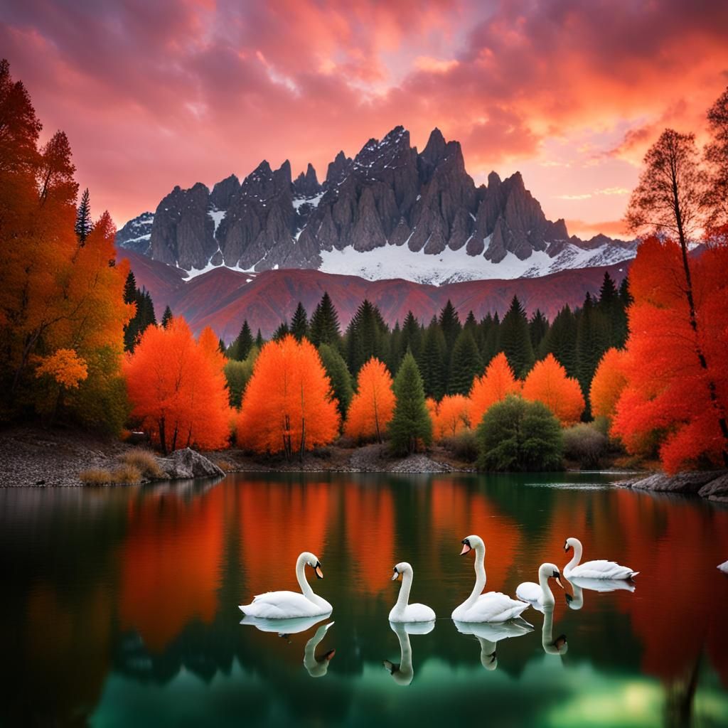 Majestic Mountain Sunset Reflected in Lake