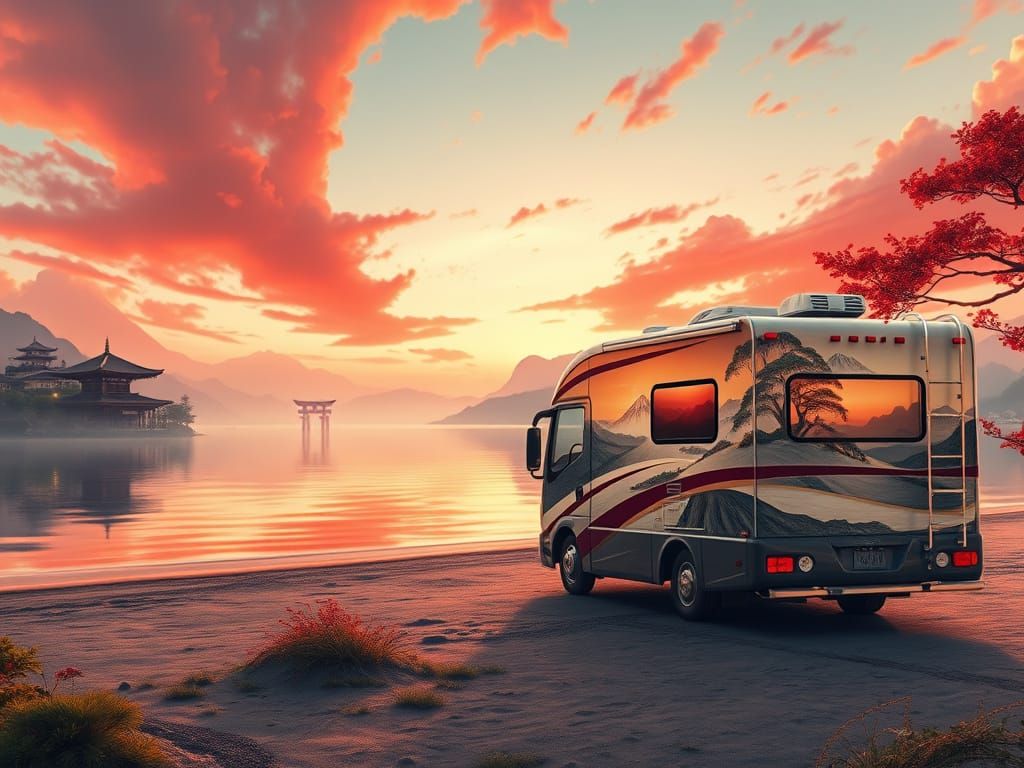 RV at Dawn: Japanese Ink Wash Style Lake View