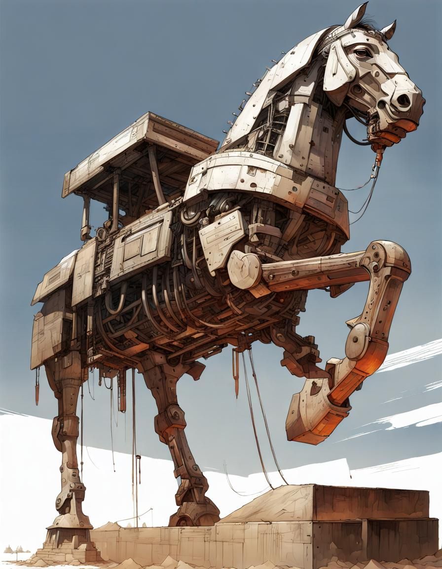 Trojan Horse with Primitive Tech, Hyperdetailed Illustration