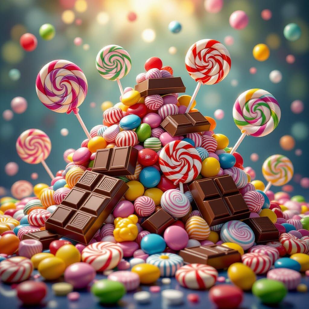 Vibrant Candy Treasure Hoard in Hyperrealistic 3D Style