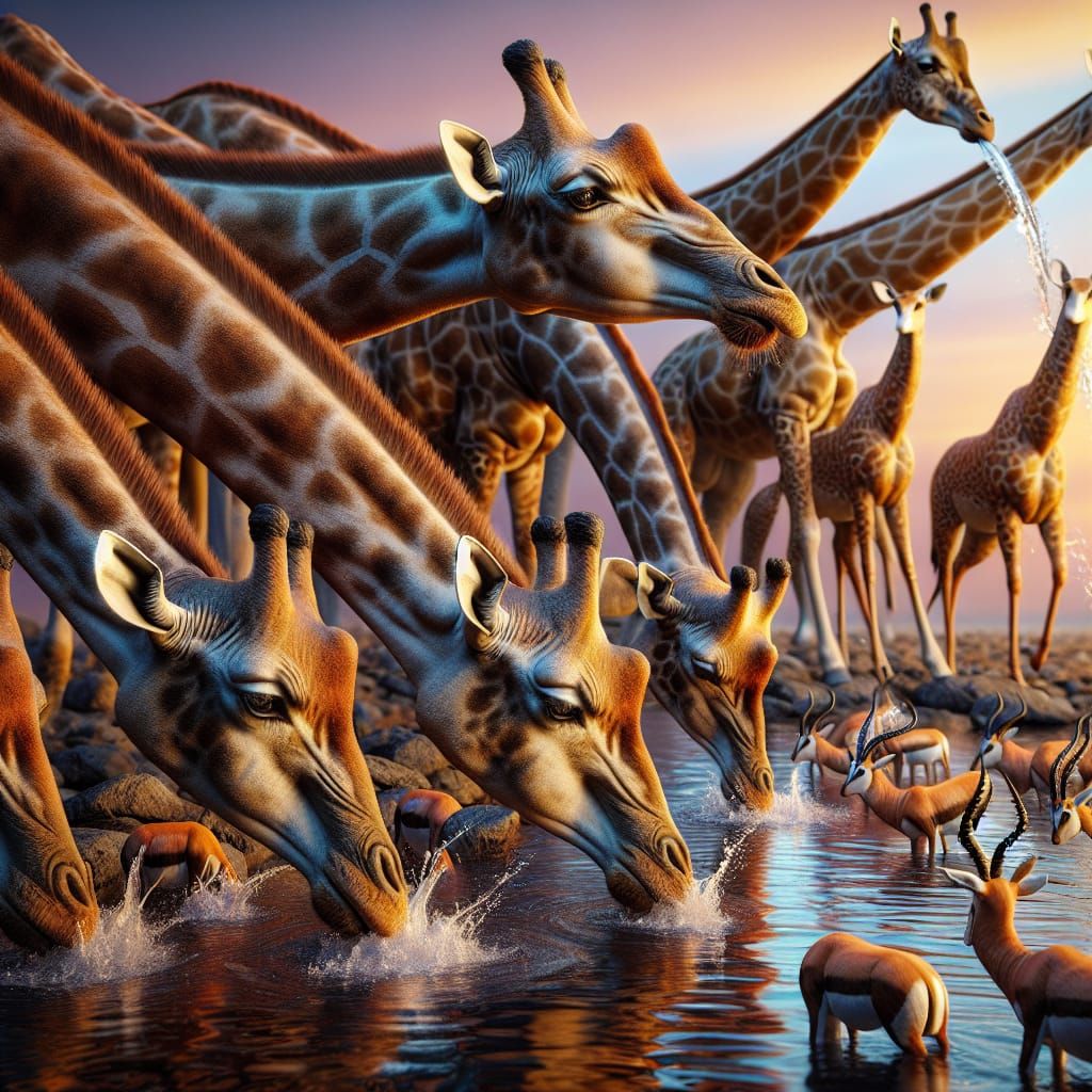 Hyperrealistic Giraffes and Antelopes at Watering Hole