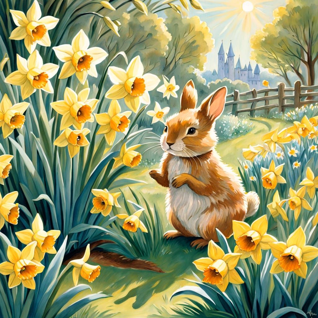 Whimsical Spring Scene in Gouache Style