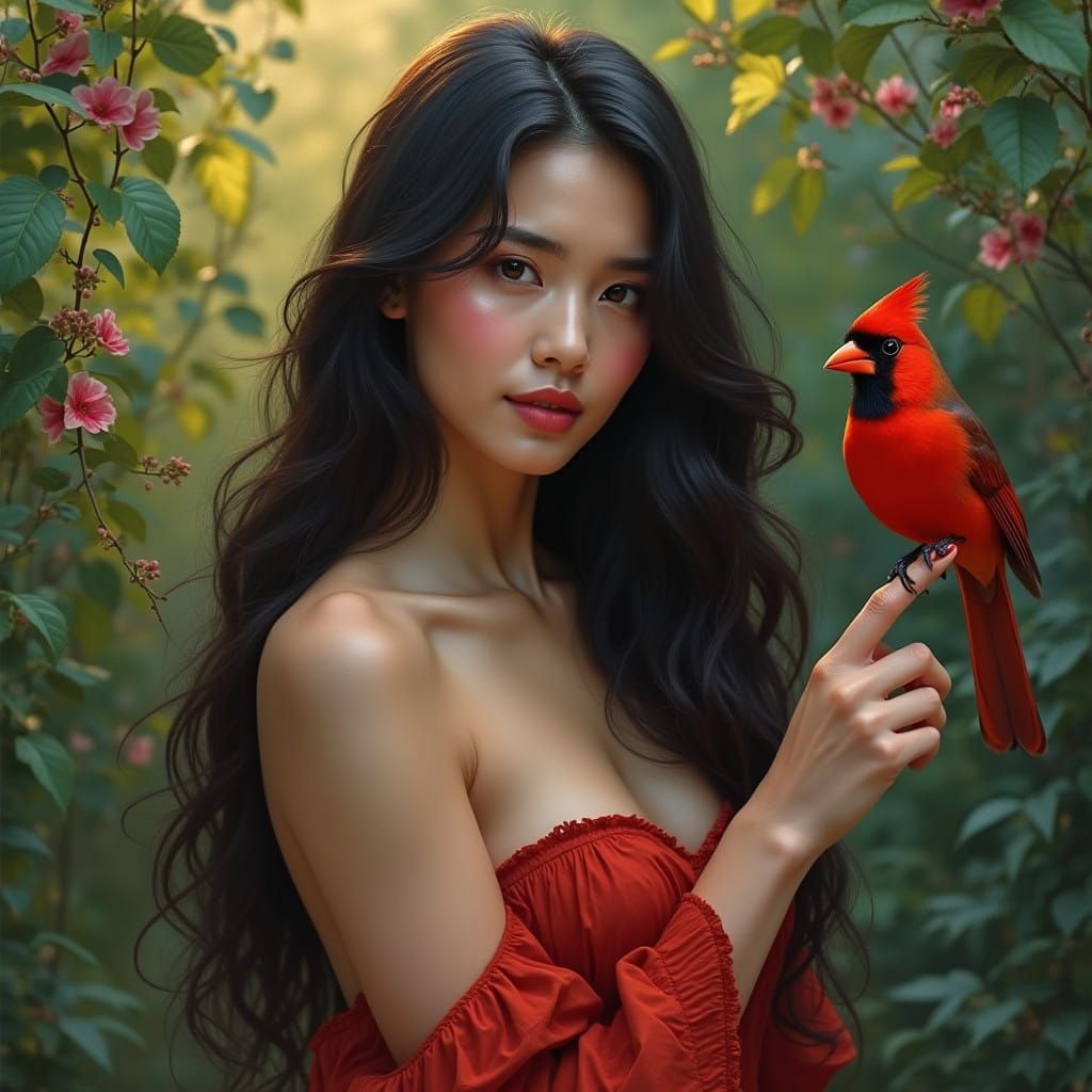 Elegant Fauvist Garden Scene with Cardinal