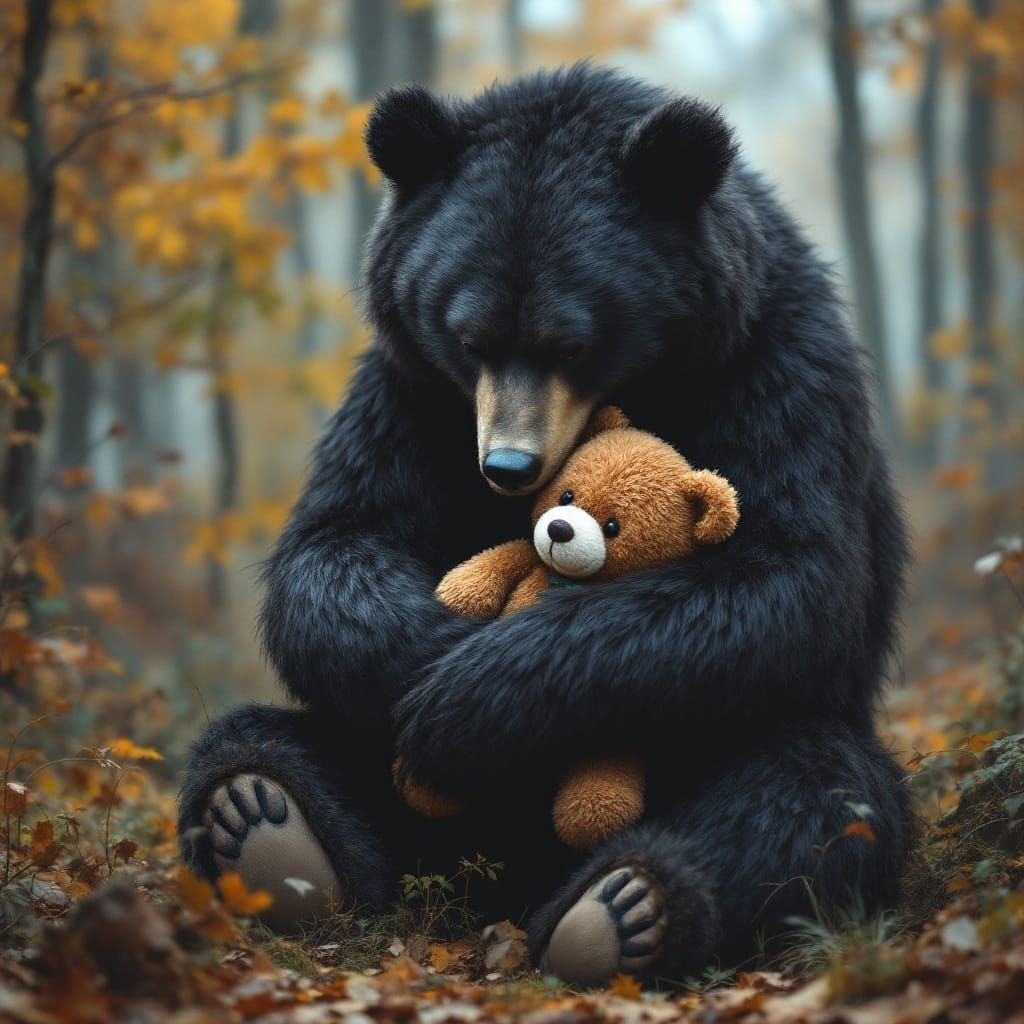 Grizzly Bear Cuddles Vintage Teddy Bear in Autumn Forest