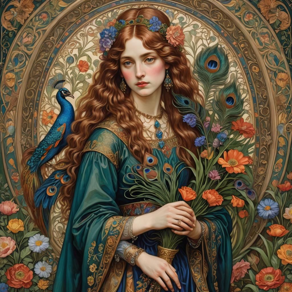 Beautiful Pre-Raphaelite Woman with Peacock Feather