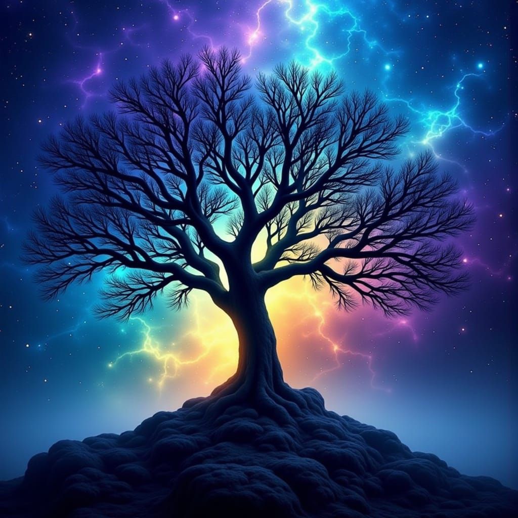 Ancient Tree Silhouetted Against Swirling Nebula in Deep Spa...