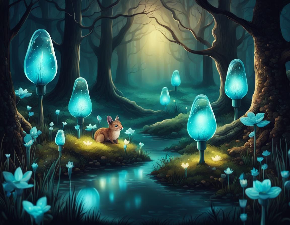 Glowing Magical Garden in Midnight Forest