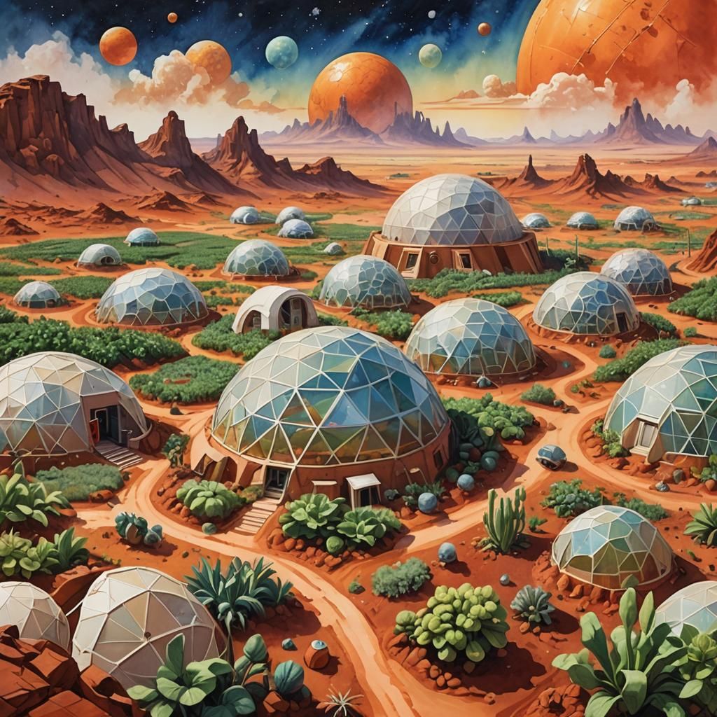 Mars Colony in Geodesic Domes: Gouache Impressionist Style