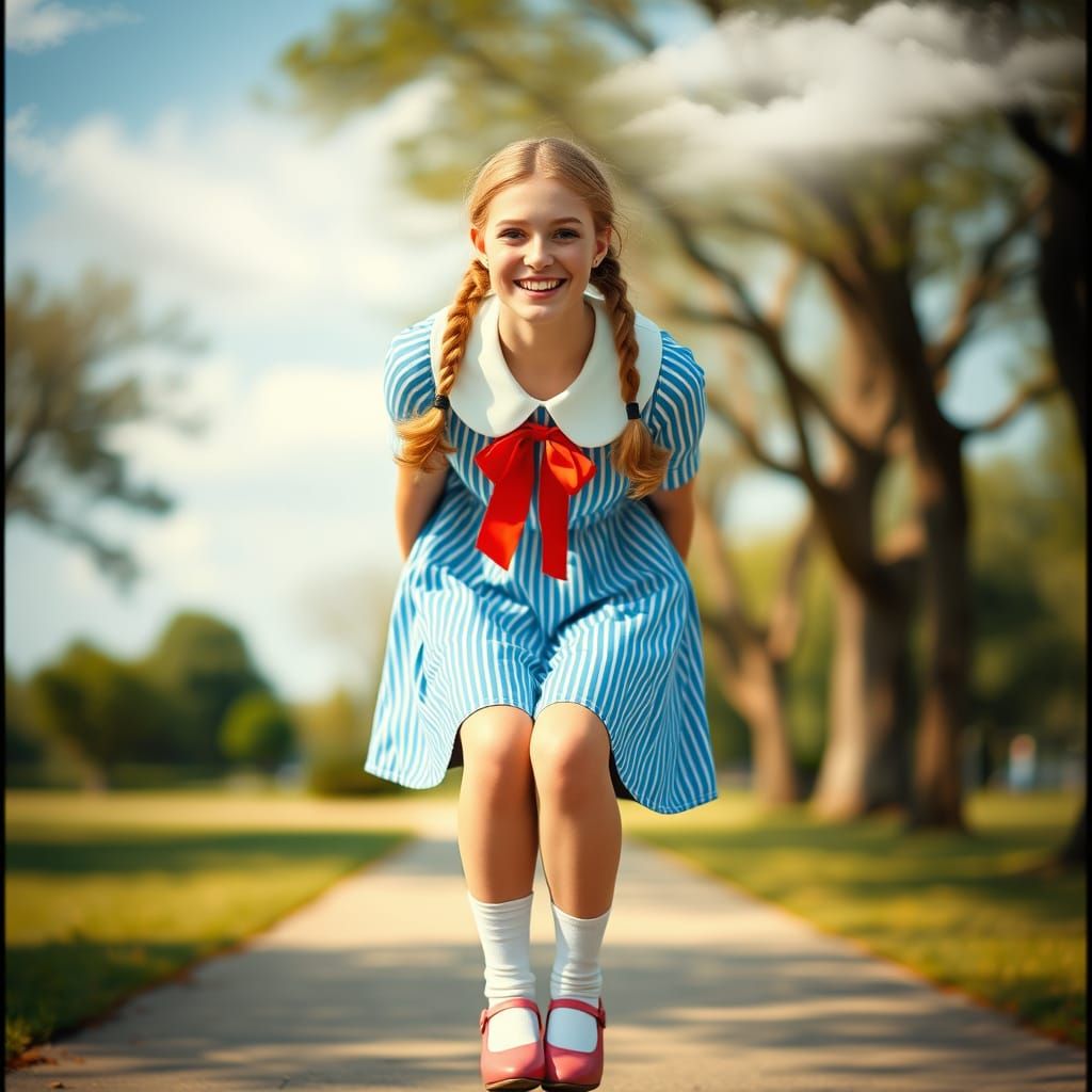 Elegant Young Woman in Blue Striped Dress Poses in a Serene ...