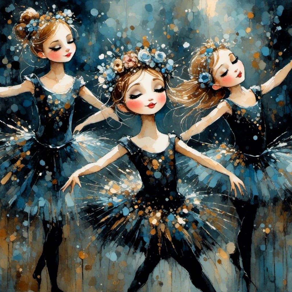 Adorable Ballerinas Dance: Storybook Oil Painting