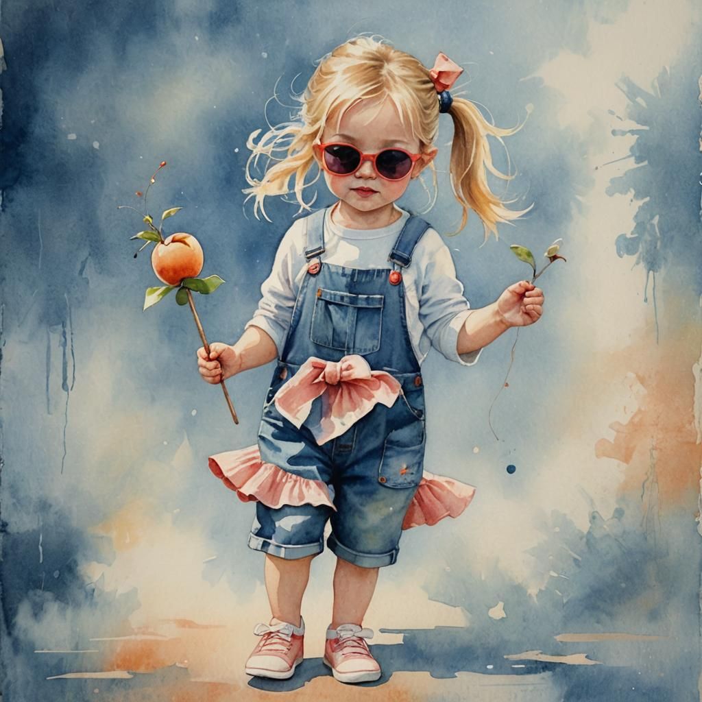 realistic whimsical watercolor of a toddler girl with messy ...