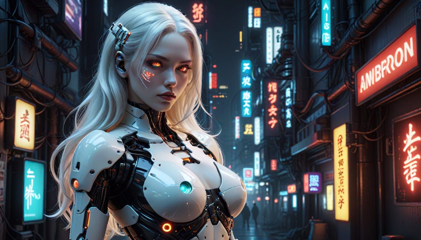 Android Beauty in Cyberpunk Setting: Hyper-Realistic Pin-Up