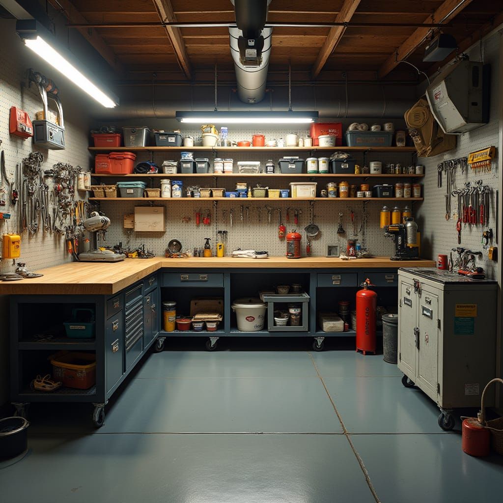 Industrial Garage Workspace with Pegboard and Workbench