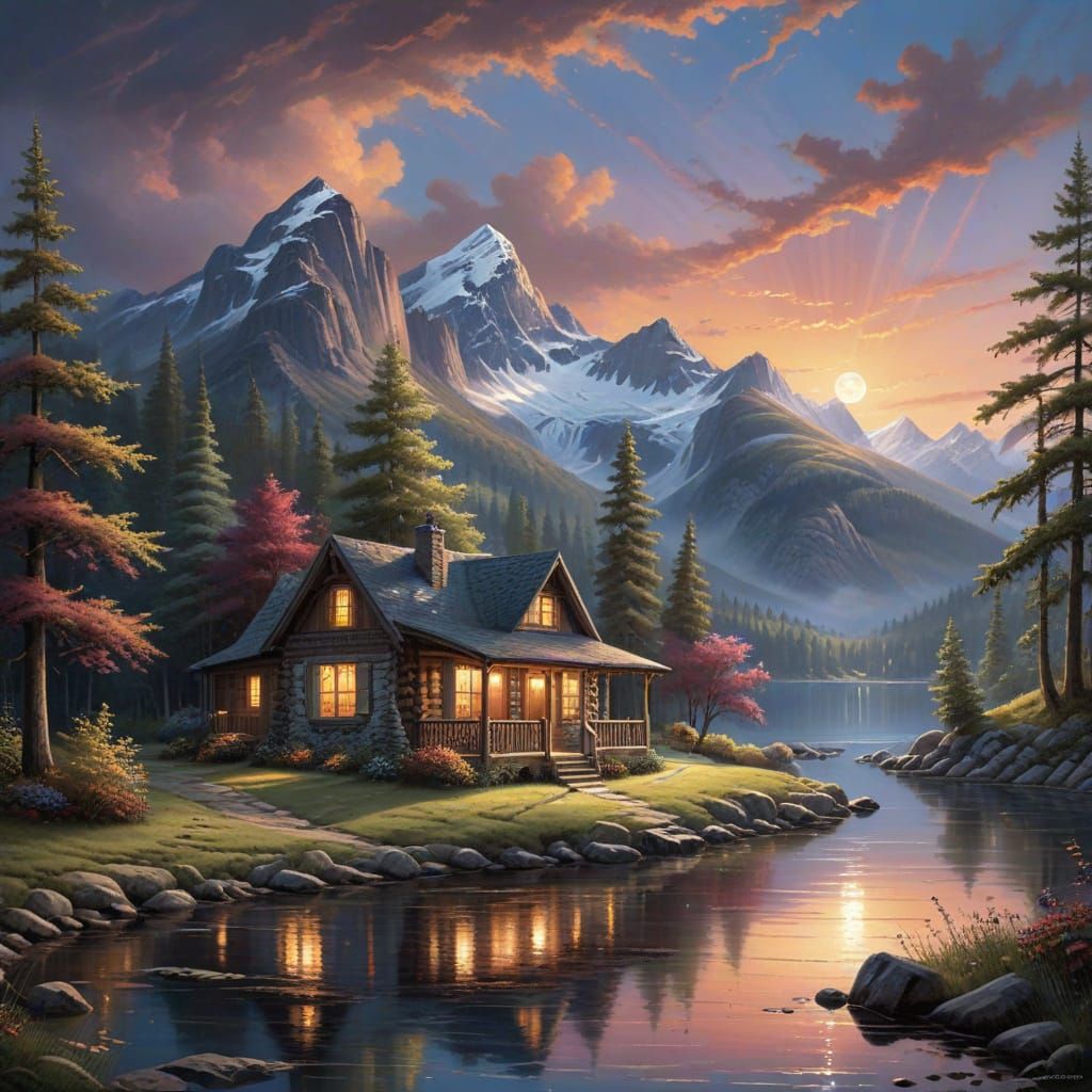 Cabin in Woods at Sunset in Luminist Style