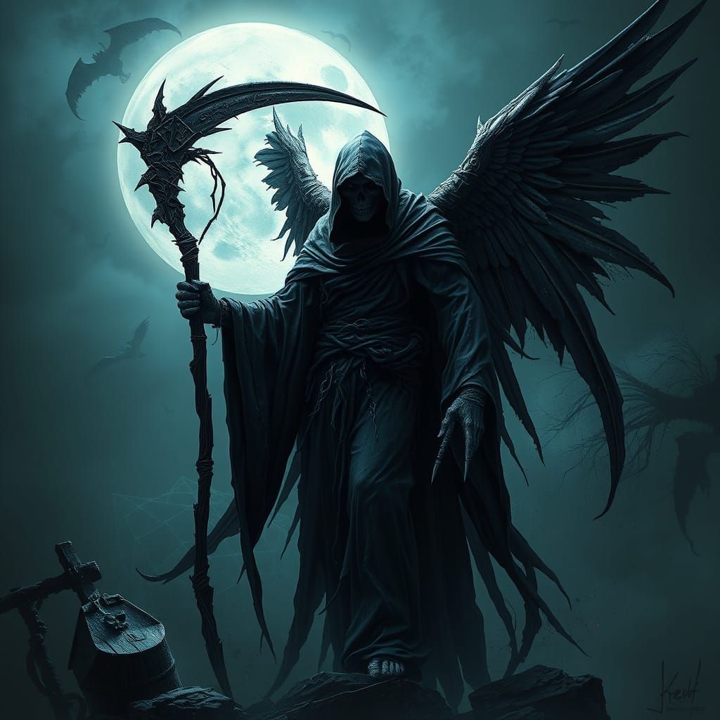 Dark Angel of Death in Ominous, Moonlit Hellscape