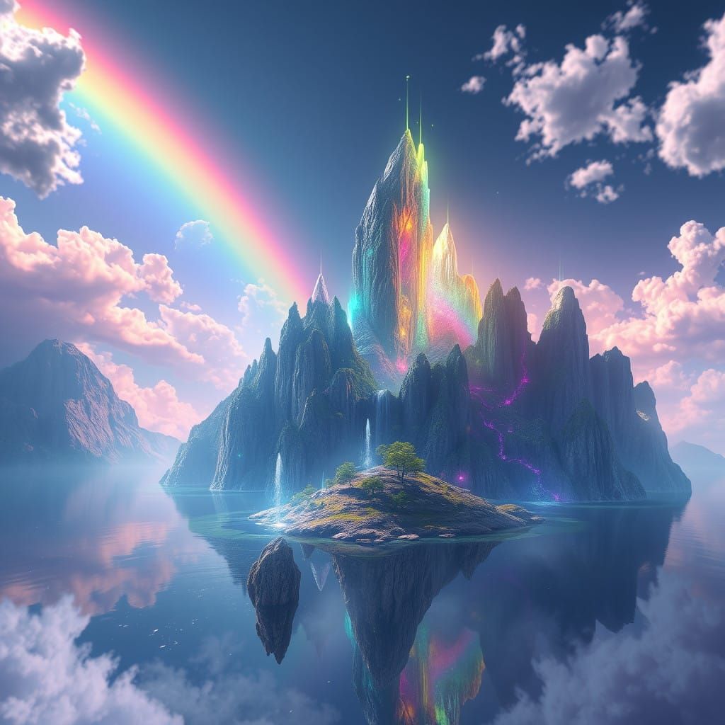 Surreal Rainbow Oasis in Vast Crystal Landscape