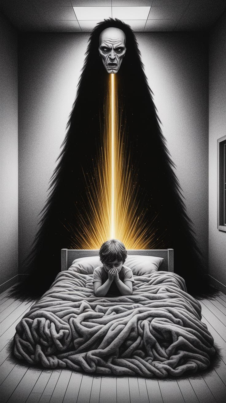 Haunting Child and Shadow Figure in Charcoal Style