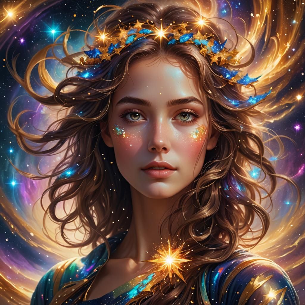 Cosmic Woman in Swirling Galaxy: Digital Art