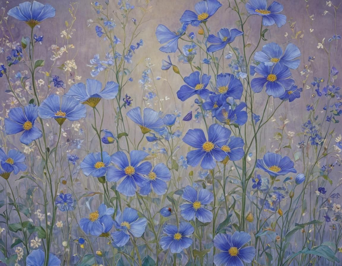 Blue Translucent Flowers in Purple Light, Art Nouveau Style