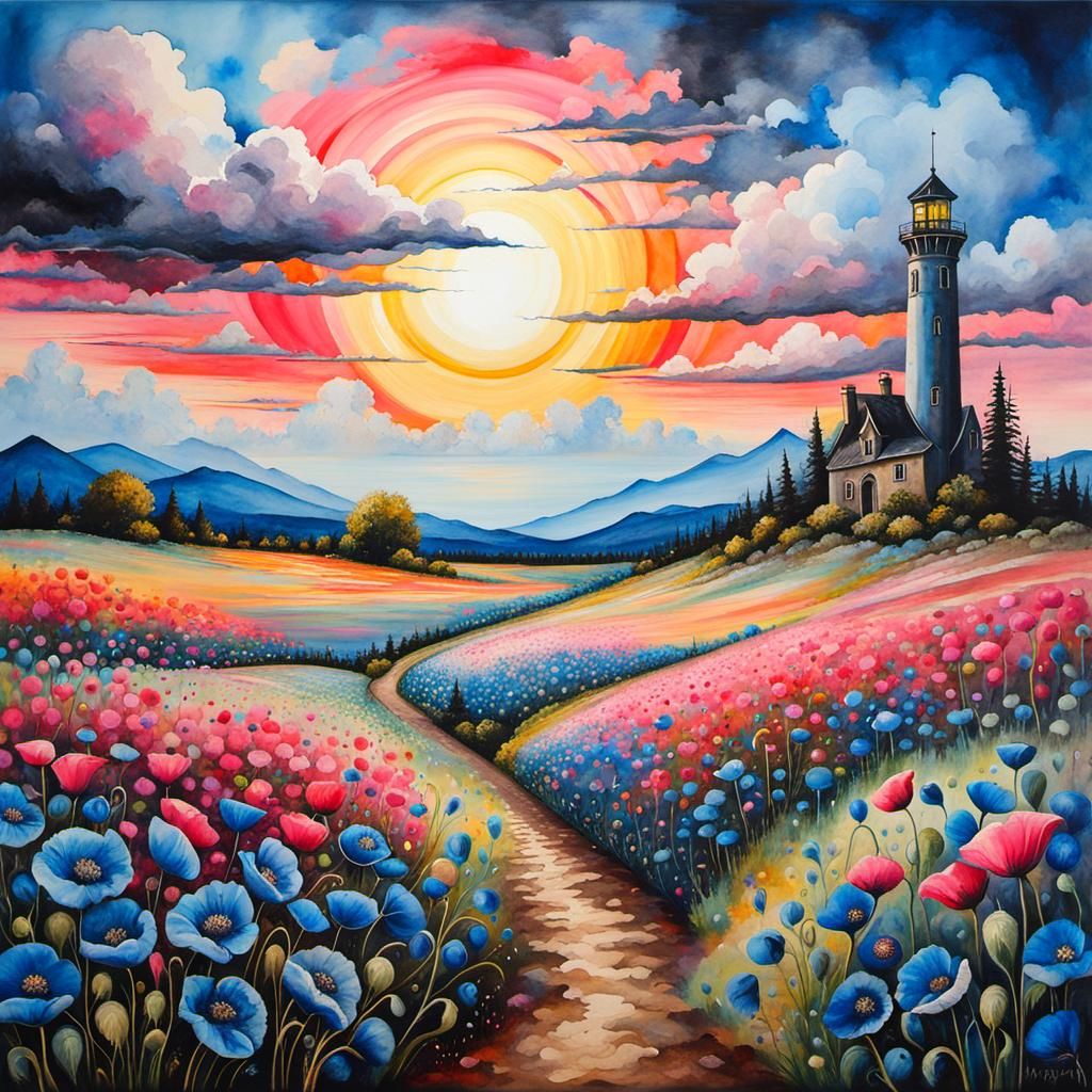 Blue Poppy Field with Dark Tower, Horror Landscape