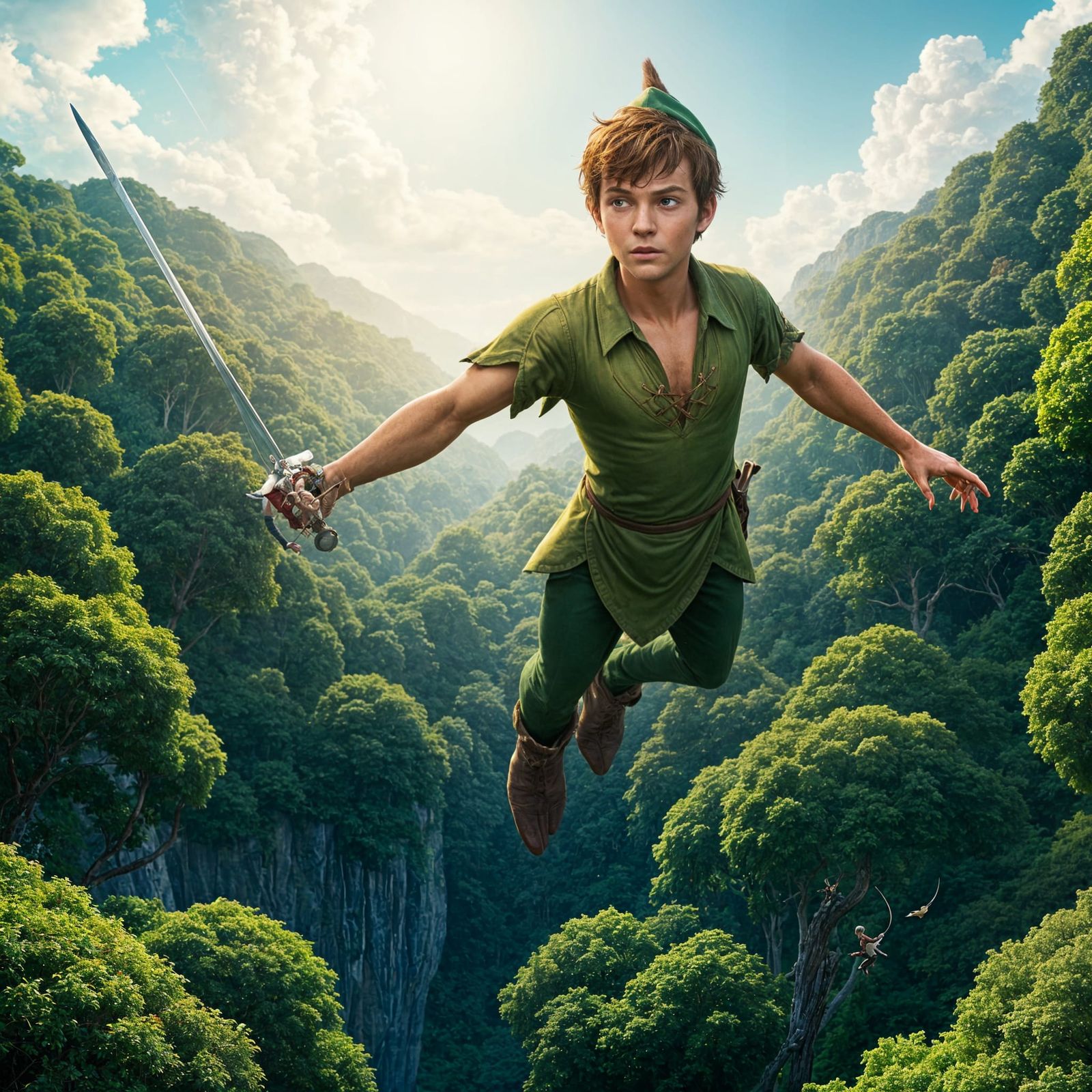 Peter Pan Engages Captain Hook in a Thrilling Aerial Battle