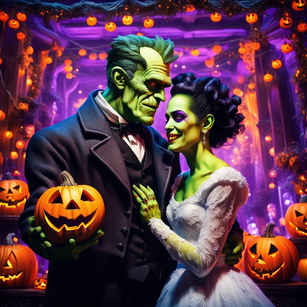 Frankenstein and Bride Halloween Prom Portrait in Digital Ar...