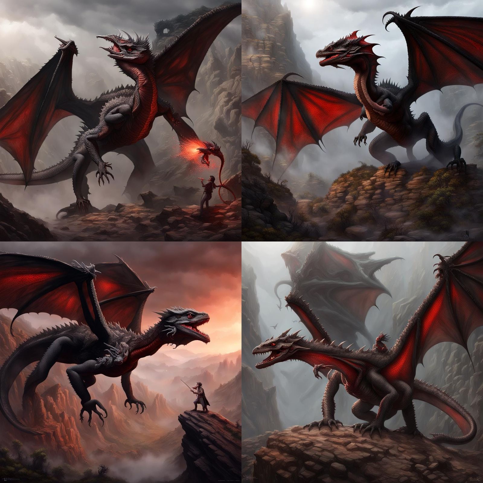 Epic Dragon Battle in Misty Canyon, Dark Fantasy Art