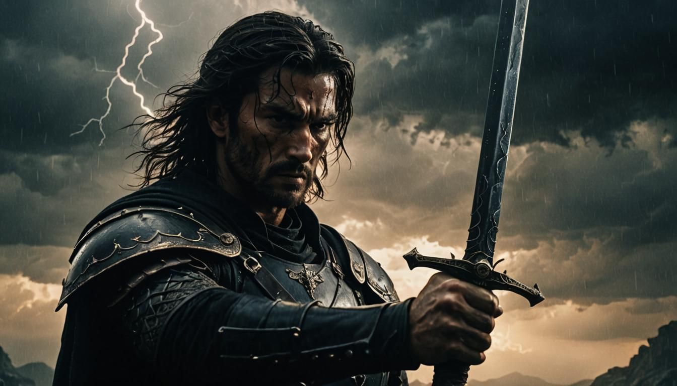 Dark Fantasy Sword with Lightning in Cinematic Style