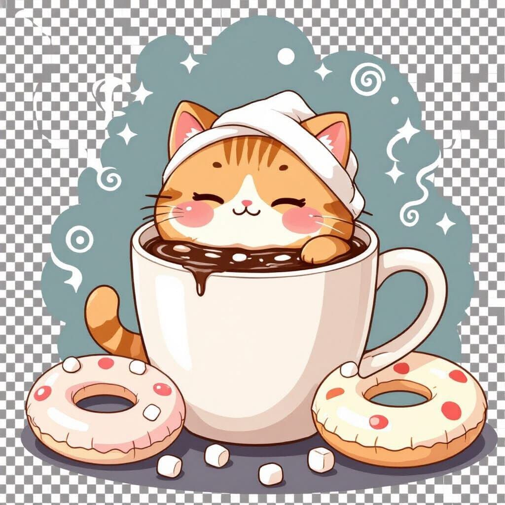 Chubby Cat Enjoying Hot Chocolate in Kawaii Style