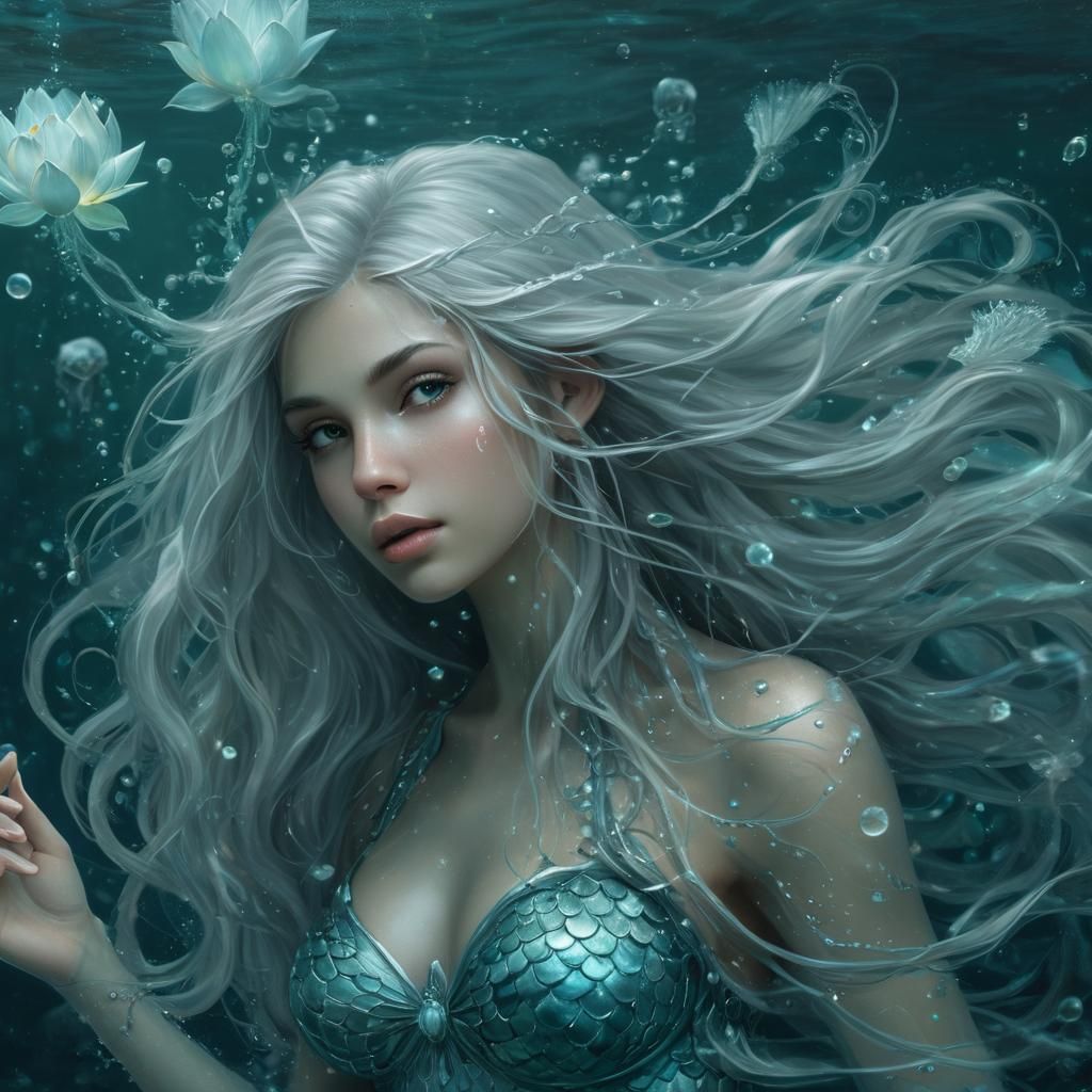 Bioluminescent Mermaid with Lotus Flower: Digital Fantasy Ar...