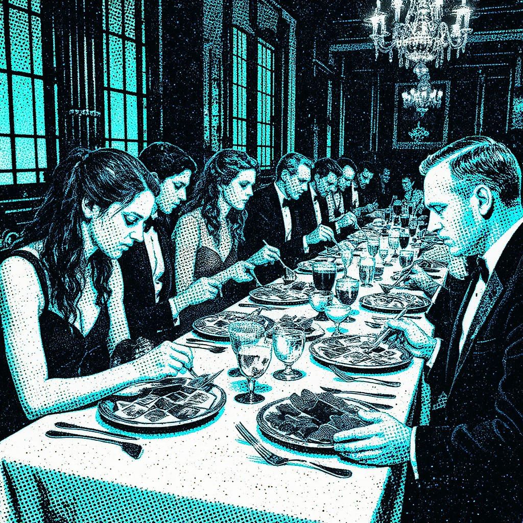 Surreal Memory Banquet in Halftone Dreamscape Style
