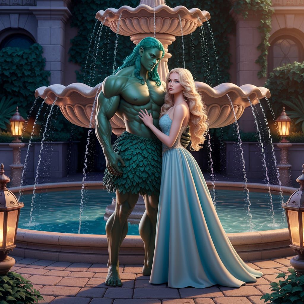 Green Man and Blonde Woman in Castle Fountain