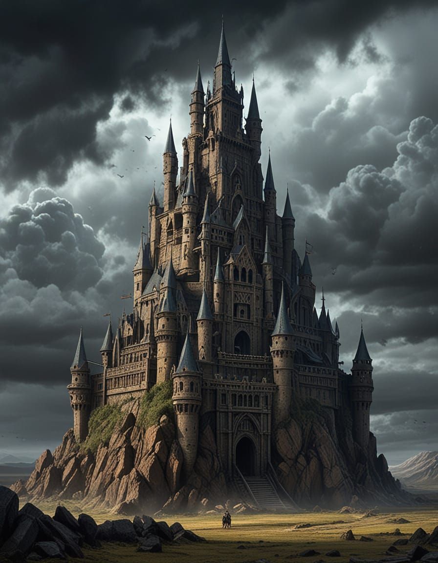 Imagine a colossal, ancient castle meticulously constructed entirely from sharpened pencils of various sizes and colors,...