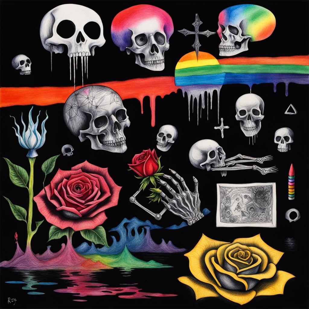 Surreal Crayon Drawing of Goth Woman with Skulls