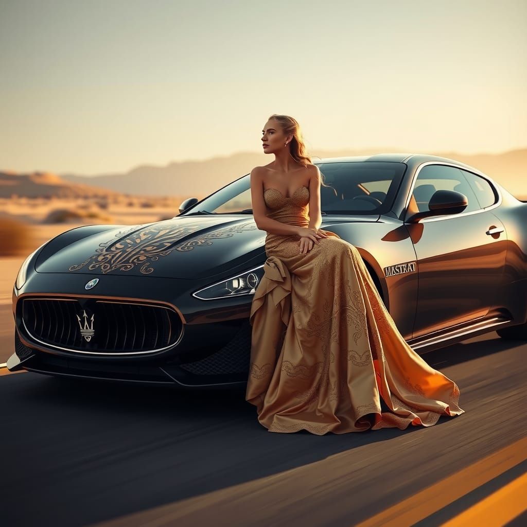 Maserati Speeds Through Desert Landscape in Hyperrealism