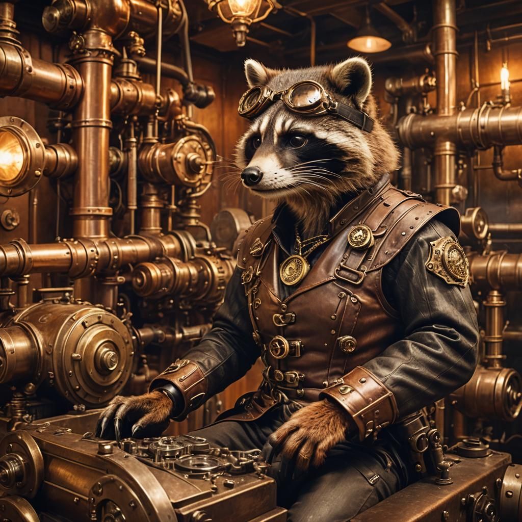 Steampunk Raccoon in Engine Room with Goggles