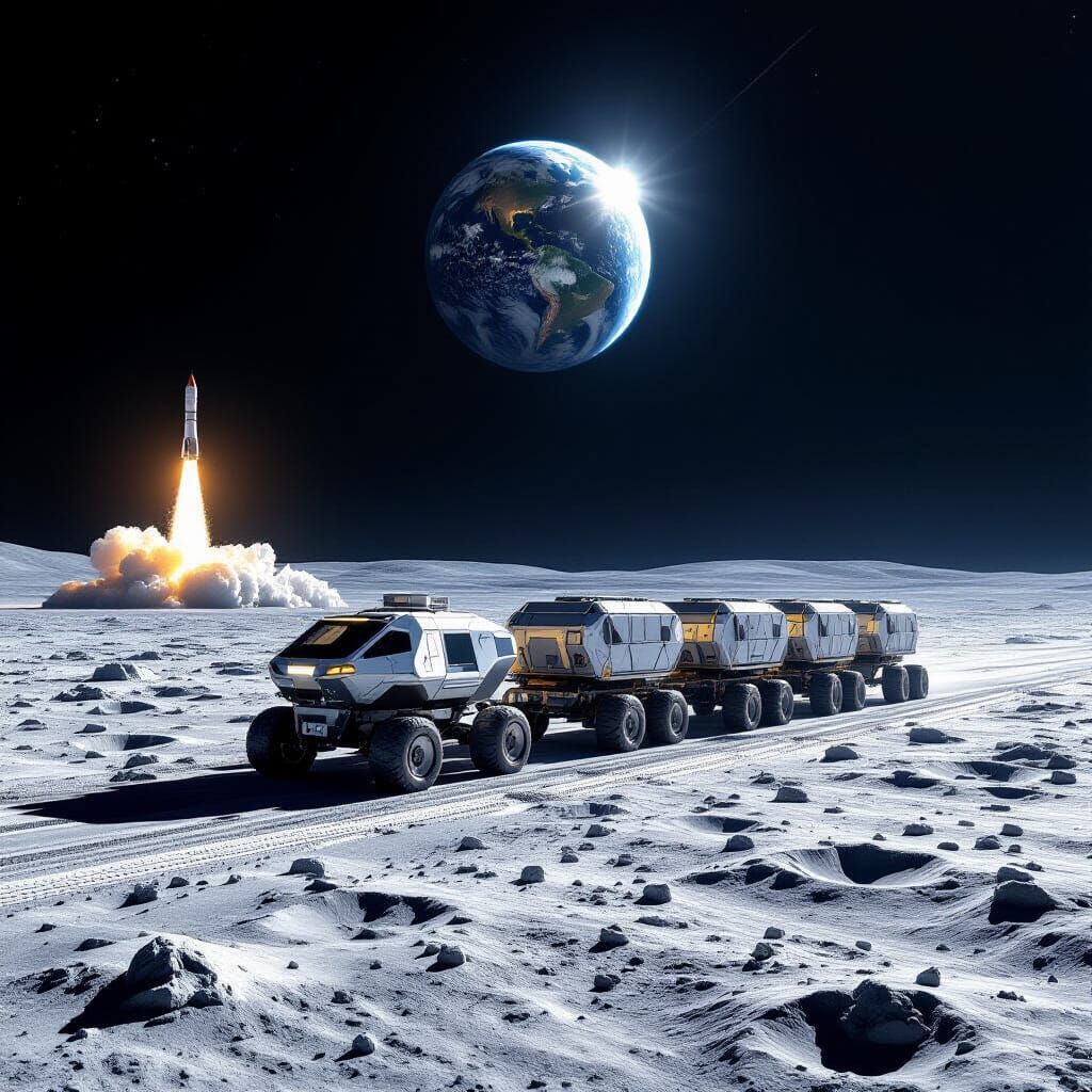 Futuristic Moon Vehicle Hauls Trailers Under Earthlight
