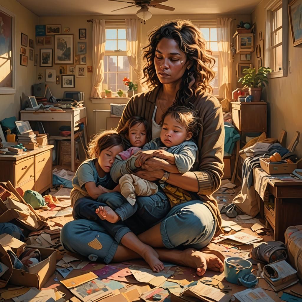 American Mother and Children in Whimsical Realism