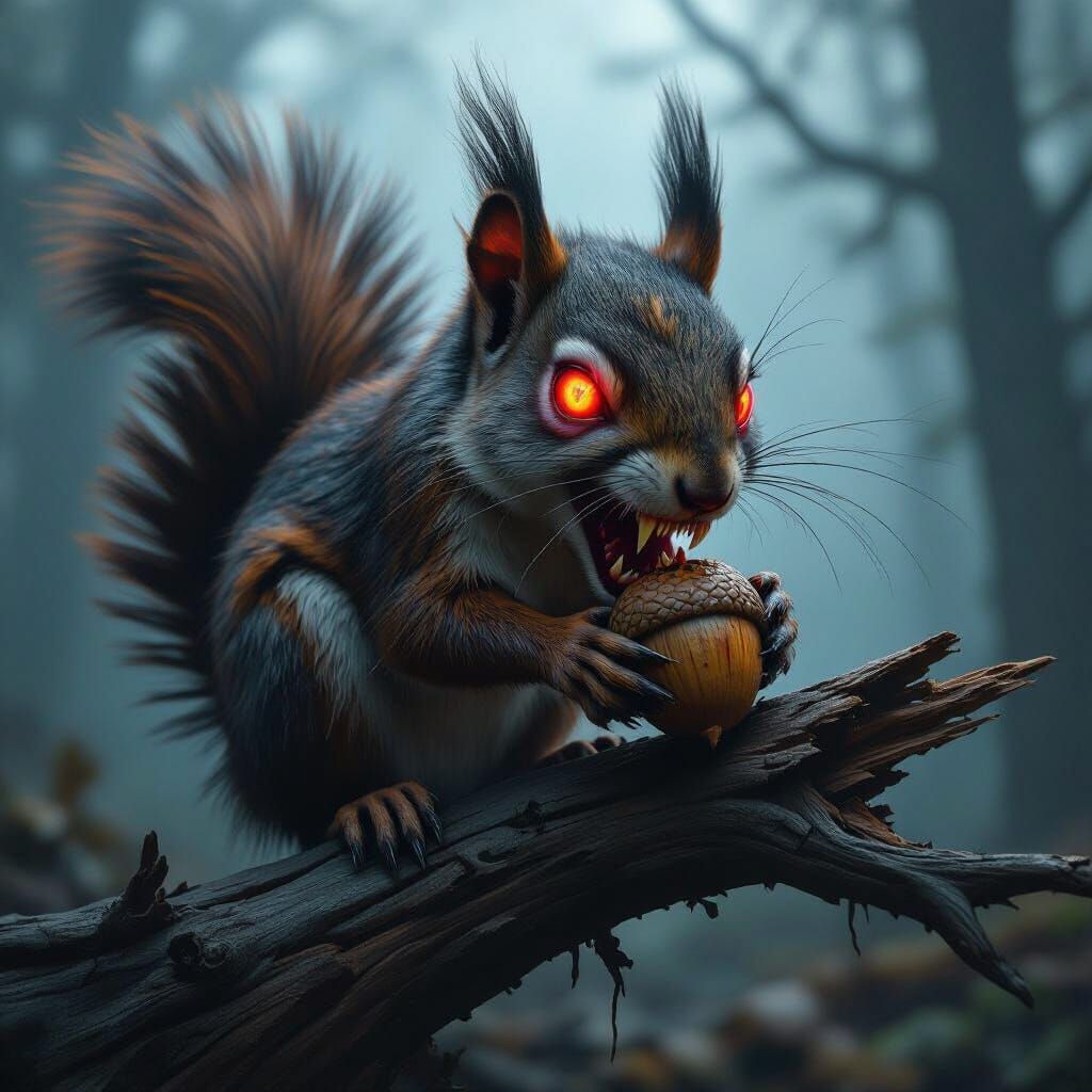 Rotten Squirrel with Glowing Eyes on Dead Branch