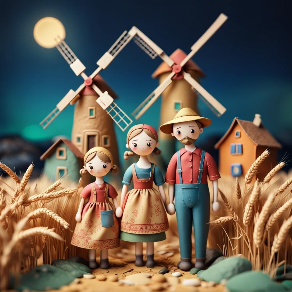 Rural Farmers Family in Wheat Field at Night