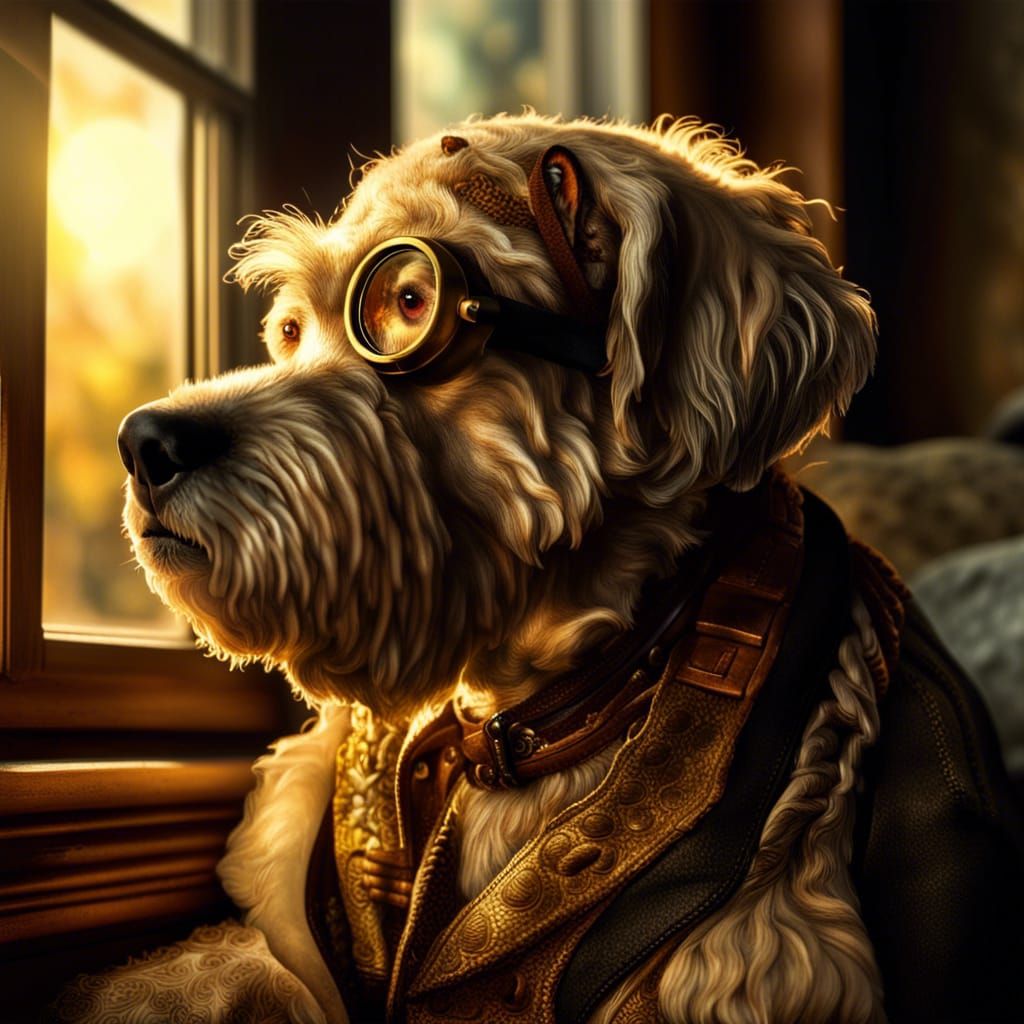 Detailed Schnauzer Dog-Man Gazing Out Window