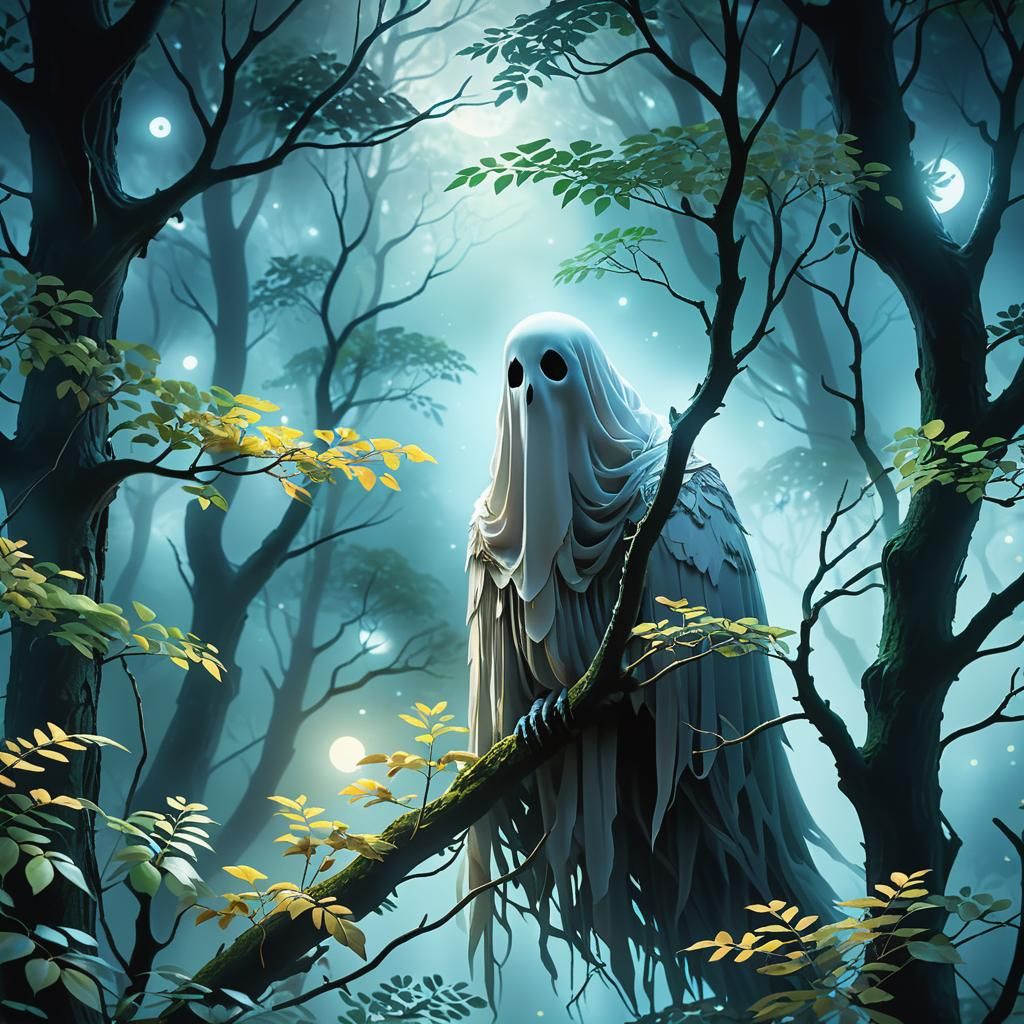 Ethereal Ghost Peeks from Forest Canopy in Digital Art